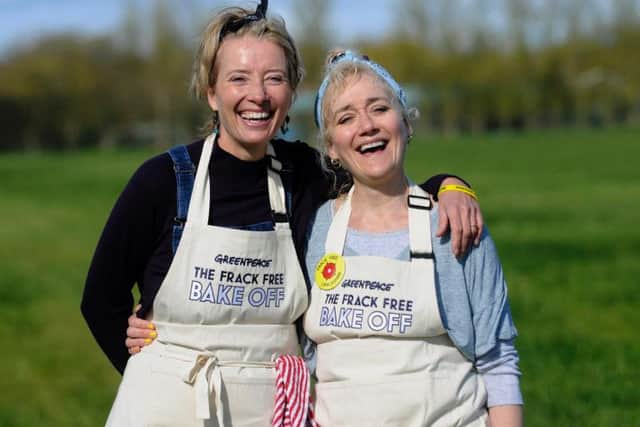 Emma and Sophie Thompson at the Preston New Road fracking site for a Greenpeace "bake-off" to oppose fracking