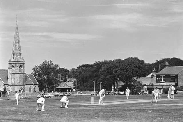 Wrea Green Cricket Club playing on the green, in 1986  a summer tradition in the village, which boasted one of the most picturesque pitches in Lancashire