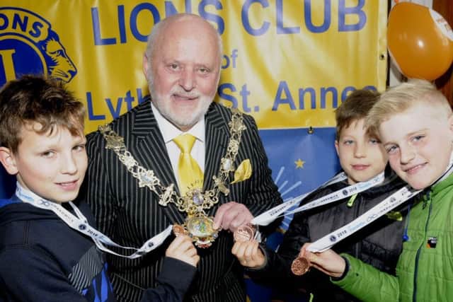 Fylde mayor John Singleton with a group of swimmers from heyhouses Schoo,,from left:  Finn Reynolds,  Henry Reynolds and Ethan Brown