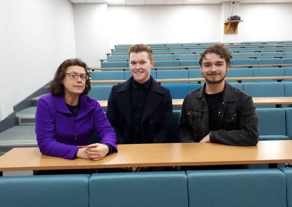 Edge Hill Senior Lecturer Paula Keaveney with students Craig Meichan and Owen Lambert. The three were caught up in the terror attack on Westminster Bridge
