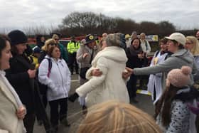 Emma Thompson gets a hug from anti-fracking campaigners at Cuadrilla's Preston New Road site as she visits to show support to women and to protest against fracking and its potential effects on climate change