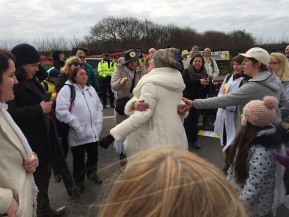 Emma Thompson gets a hug from anti-fracking campaigners at Cuadrilla's Preston New Road site as she visits to show support to women and to protest against fracking and its potential effects on climate change