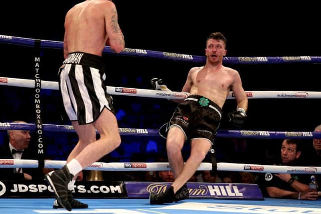 Scott Cardle is left reeling by a Lewis Ritson blow seconds before their fight was stopped