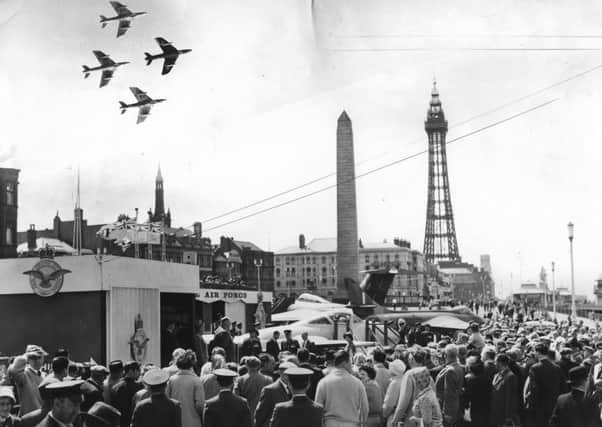As the Mayor of Blackpool (Ald Joseph S Richardson, JP) speaks at the opening of the RAF exhibition on Princess Parade, a formation of RAF Hunters fly past, in 1962