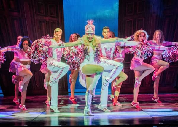 Lucie Jones (centre) as Elle Woods in Legally Blonde. The lead role was played by Rebecca Stenhouse for the opening night at The Grand Theatre, Blackpool