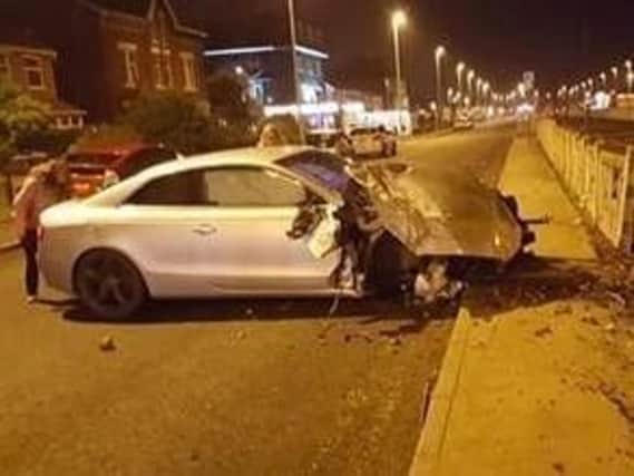 A motorist was arrested after a silver Audi A5 hit the wall separating Kelso Avenue in Cleveleys from the tram-track at around 9pm on Sunday, March 11, 2018, police said. Picture: Jay Johnson-Allen