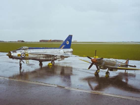 Lightning and a Spitfire, at BAe Systems, Warton, in 1970