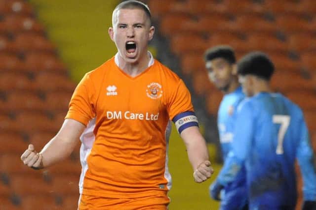 Ben Jacobson celebrates scoring for Blackpool in the first leg of their semi-final with Arsenal