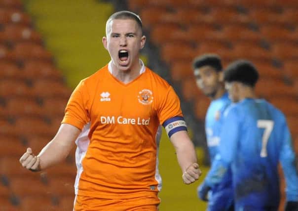 Ben Jacobson celebrates scoring for Blackpool in the first leg of their semi-final with Arsenal