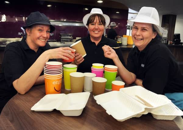 As part of a campaign to reduce the use of plastic, Blackpool Victoria Hospital is trialling a variety of paper cups and utensils in the restaurant. Pictured with some of the items on trial are L-R: Michelle Harrison, Tracy Dewhurst and Maxine Duffy.  PIC BY ROB LOCK 12-4-2018