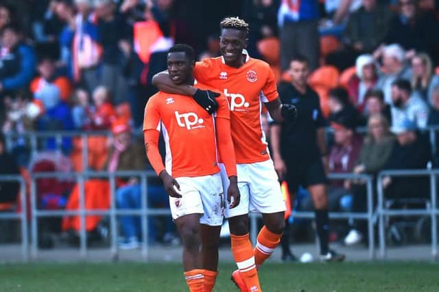 Viv Solomon-Otabor celebrates netting Blackpool's 88th-minute equaliser