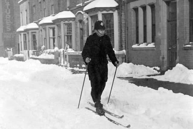 Winter sports enthusiast PC John Marshall Goldie reported for work at South Shore Police Station, Montague Street, on skis, in February 1955