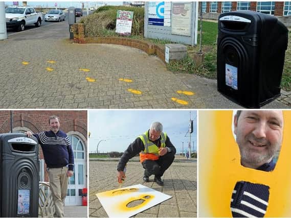 Coun Alastair Humphries with the painted footsteps at the Solaris Centre Steve Roberts from Blackpool Council lays down a marker