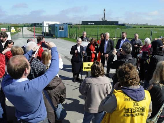 Labour's shadow business and energy secretary Rebecca Long-Bailey speaking to campaigners at the Preston New Road fracking site