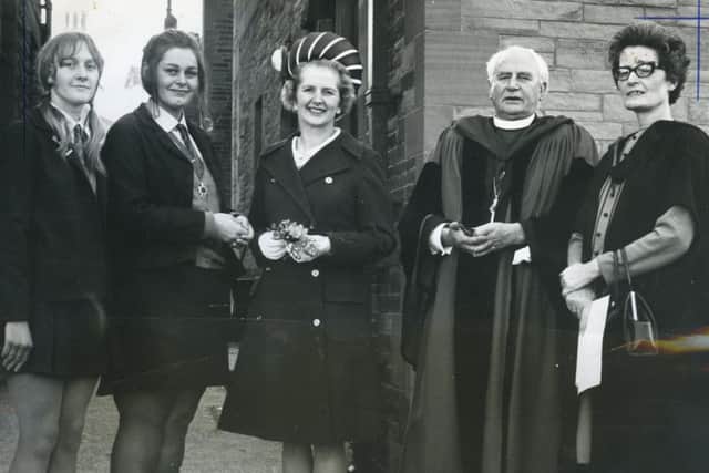The Secretary of State for Education and Science (Mrs Margaret Thatcher MP) presented the prizes at the Elmslie School speech day, in Holy Trinity Church, South Shore, in 1970. 
From left: Sarah Buckley (deputy captain), Lynda Newhouse (School captain), Mrs Thatcher, the Bishop of Blackurn Dr CR Claxton, chairman of govenors and the headmistress Mrs E L Oldham