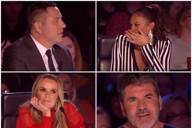 Britain's Got Talent judges react to Tony Brown's audition. Clockwise, from top left, David Walliams, Alesha Dixon, Simon Cowell and Amanda Holden