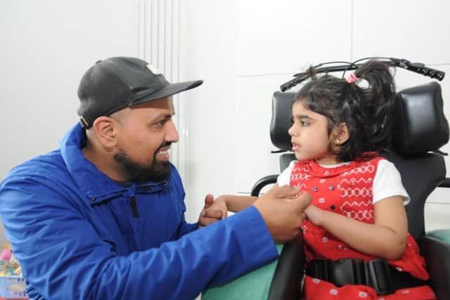 Saffa Shehzan, four, has Batten disease and her parents are urging the government to fund life-saving treatment.  She is pictured with dad Majid.