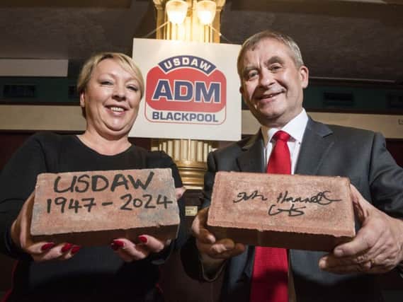 VisitBlackpools Mandy Tythe-McCallum R John Hannett, General Secretary of Usdaw with signed commemorative bricks