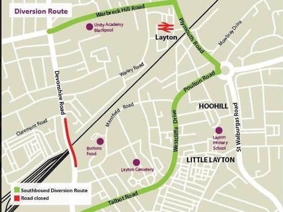 A map showing traffic diversions when Devonshire Road Bridge is closed