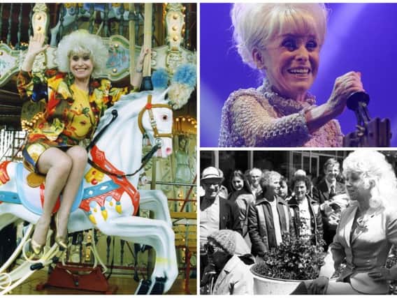 Barbara Windsor has a long history with Blackpool. Left - Barbara Windsor pictured on the carousel on North Pier in 1992. Top right - Switching on the illuminations in September 2016, and in 1981 Barbara met her fans when she appeared alongside Trevor Bannister in The Mating Game at the Grand Theatre.