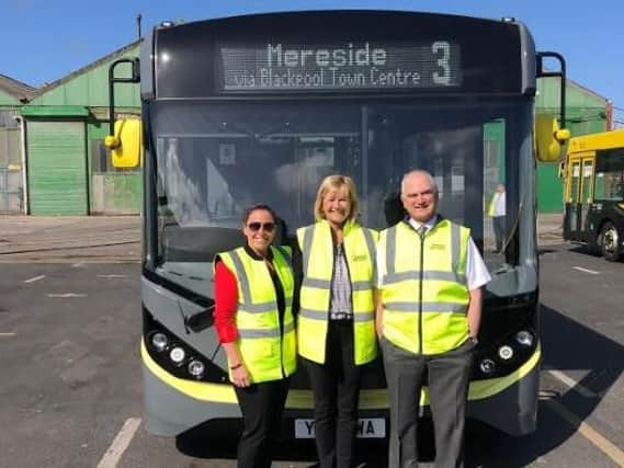 Blackpool Transport managing director Jane Cole, with Sally Shaw director of people and stakeholders and James Carney finance and commercial director with one of the new single-decker Palladium buses bound for Blackpool