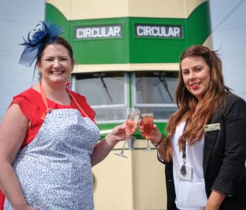 Afternoon tea served on a Union Jack-clad heritage tram to celebrate the royal wedding. Rachel Ratcliffe and Emma Tingle.