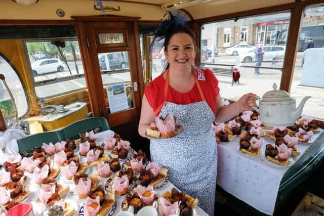 Afternoon tea served on a Union Jack-clad heritage tram to celebrate the royal wedding. Rachel Ratcliffe of Rachel's Yummy Scrummy Cakes.