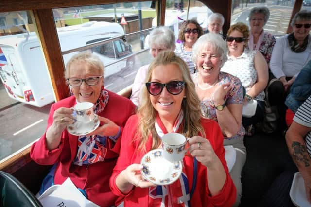 Afternoon tea served on a Union Jack-clad heritage tram to celebrate the royal wedding. Margaret and Peggy Crawford.