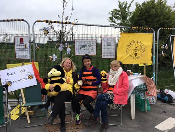 Campaigners against fracking at the Preston New Road site had a bees theme to highlight what they fear is a threat to wildlife from shale gas extraction.