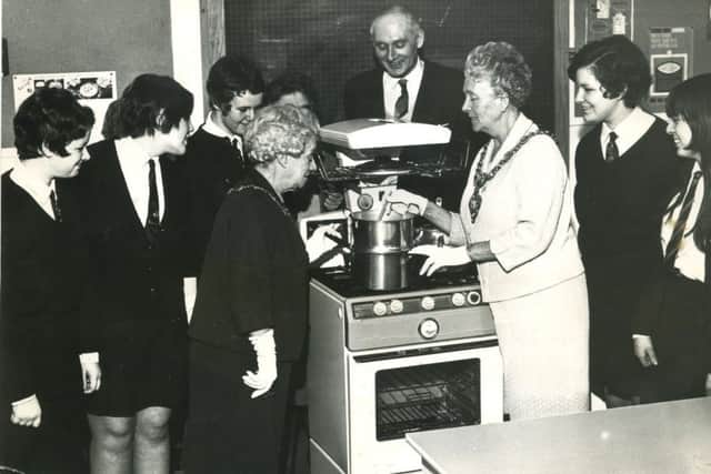 Ald Mrs Jean Robinson JP and Mrs Rhoda Sudlow visited the new Palatine School for a luncheon at the invitation of the fifth-form girls, in January 1969