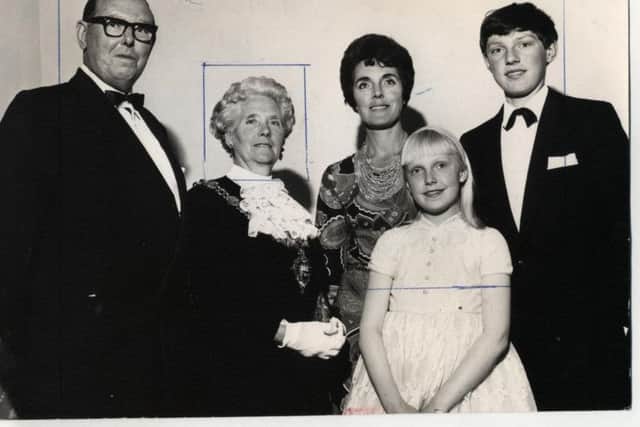 The Mayor Alderman Mrs Jean Robinson, with her family, at the mayor-making in May 1968