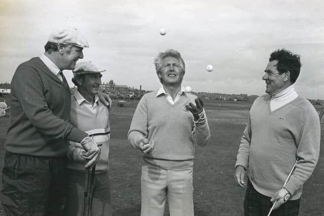 Juggler Yuri Gridneff, from Pontins, keeps his partners from St Annes Old Links amused, while they wait to tee off, in 1984. From left: Stan Pitt, Jim Harrison, Yuri and Alan Brown