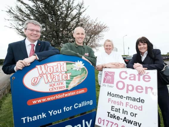 Preston New Road businesses. County Councillor Michael Green with Stuart Hall from World of Water, Danielle Trachillis from Ma Baker, and Babs Murphy from the Chamber of Commerce.