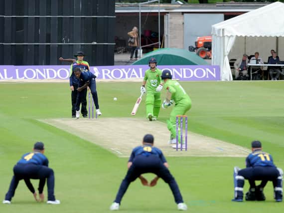 Keith Barker bowls to Lancashire's Keaton Jennings at Stanley Park on Friday