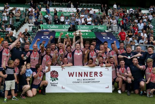 Lancashire celebrate winning the Bill Beaumont County Championship after seeing off Hertfordshire at Twickenham
