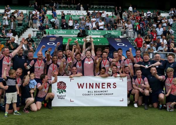 Lancashire celebrate winning the Bill Beaumont County Championship after seeing off Hertfordshire at Twickenham