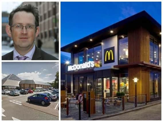 Pictured top left: MP Paul Maynard. Pictured right: Artist's impression of the new Cleveleys McDonald's