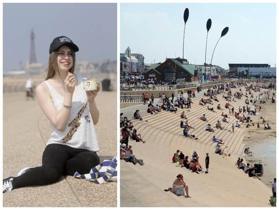 Abigail Dodd with a Notarianni Ice Cream, where staff have been working flat-out to serve customers their famous treat and, inset, bank holiday crowds enjoy the beach on Sunday
