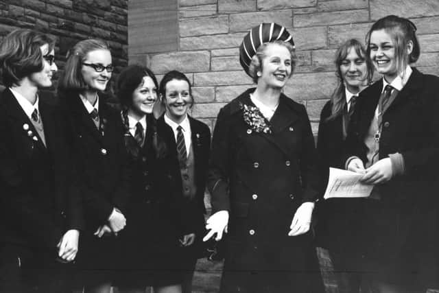 The Secretary of State for Education and Science, Margaret Thatcher MP chats to some of the girls, after presenting the Elmslie School, Blackpool, speech day prizes, in the Holy Trinity Church Hall, South Shore, in October 1970