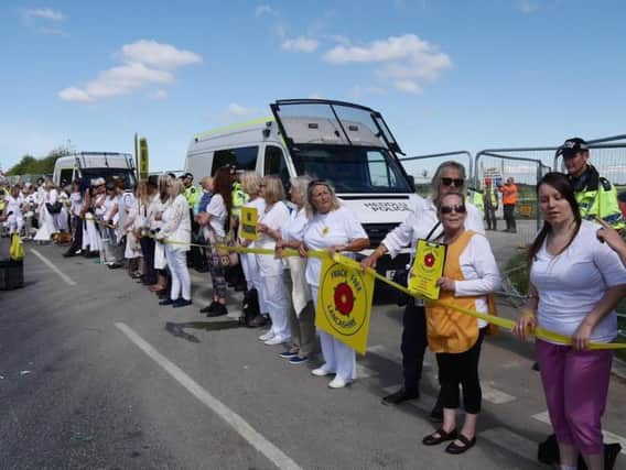 A women's protest at the Preston New Road fracking site