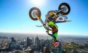 World Champion Trials bike rider Jack Field of Australia performs the highest backflip on a motorcycle ever recorded as he flips his motorbike upside down on the roof of Melbourne's Eureka Tower during a AUS-X Open media opportunity at Eureka Tower on May 22, 2019 in Melbourne, Australia. The largest international Supercross and action sports event in the world outside of the USA, the AUS-X Open will be held at Melbourne's Marvel Stadium on November 30 2019. (Photo by Scott Barbour/Getty Images)